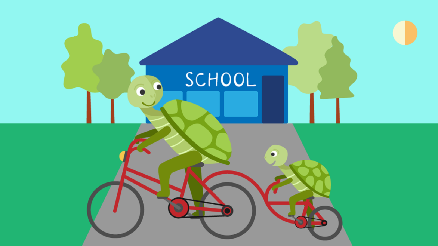 Illustration of tortoise and child on a tag along bike