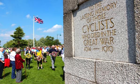 Wreath bearers at the Cyclists' Memorial in Meriden (photo by Ed Holt)